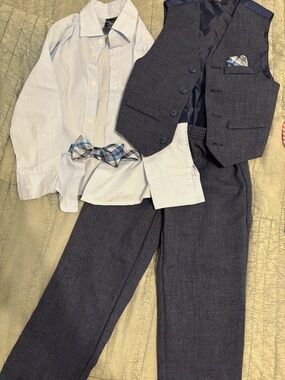 Nautica Navy Blue Boys Dress Vest Set with Light Blue Shirt and Plaid Bow Tie
